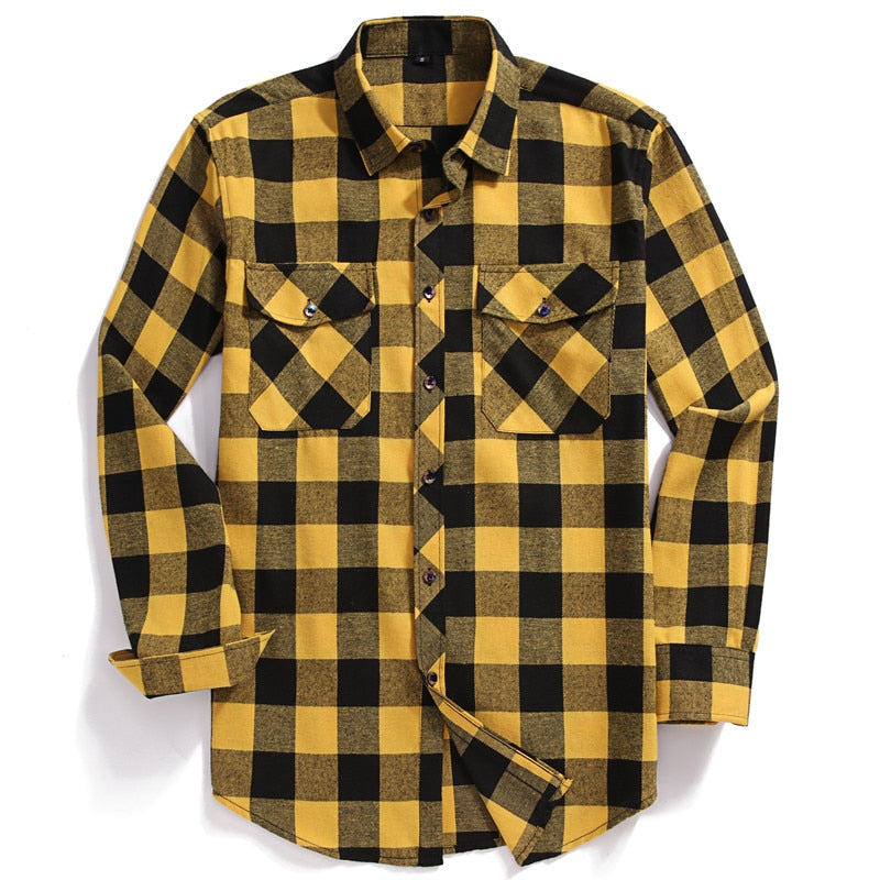 ParGrace Plaid Flannel Shirt Long-Sleeved Chest Two Pocket Design Fashion Printed-Button