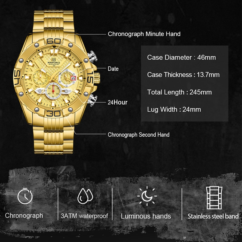 Luxury Original NAVIFORCE  Quartz Clock Analog Chronograph Sport Waterproof