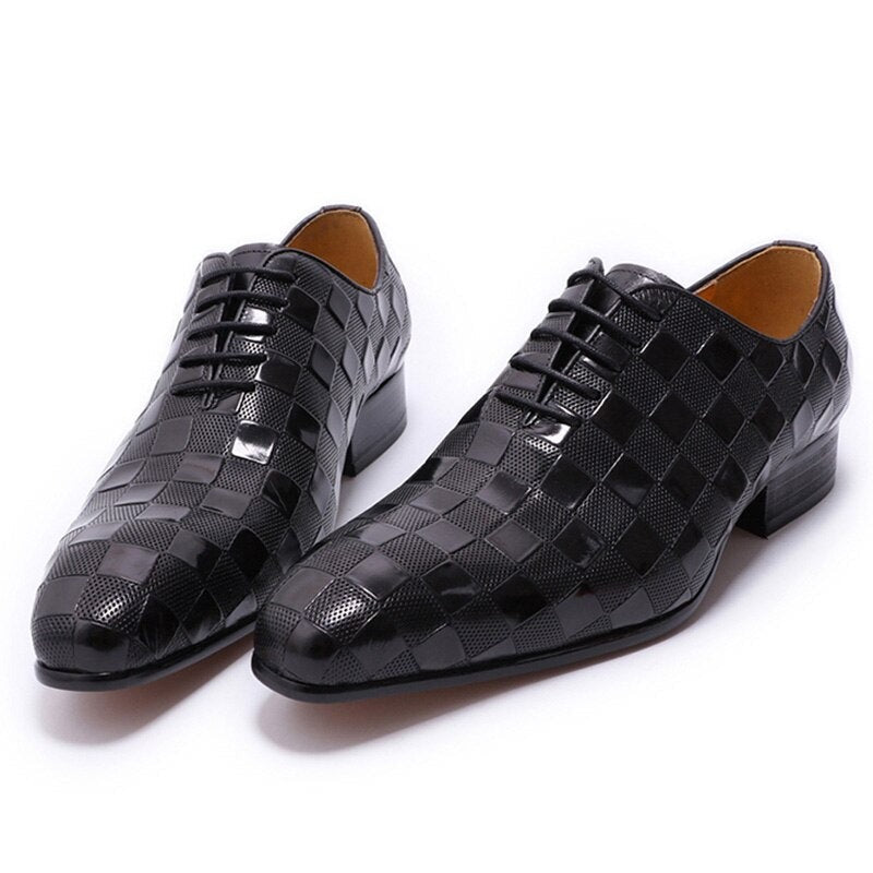 ParGrace Italian Leather  Fashion Plaid Print Lace-Up Oxford Shoes