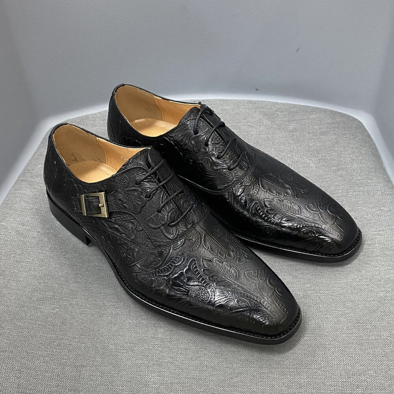 ParGrace Buckle Lace Up Pointed Oxford Genuine Leather