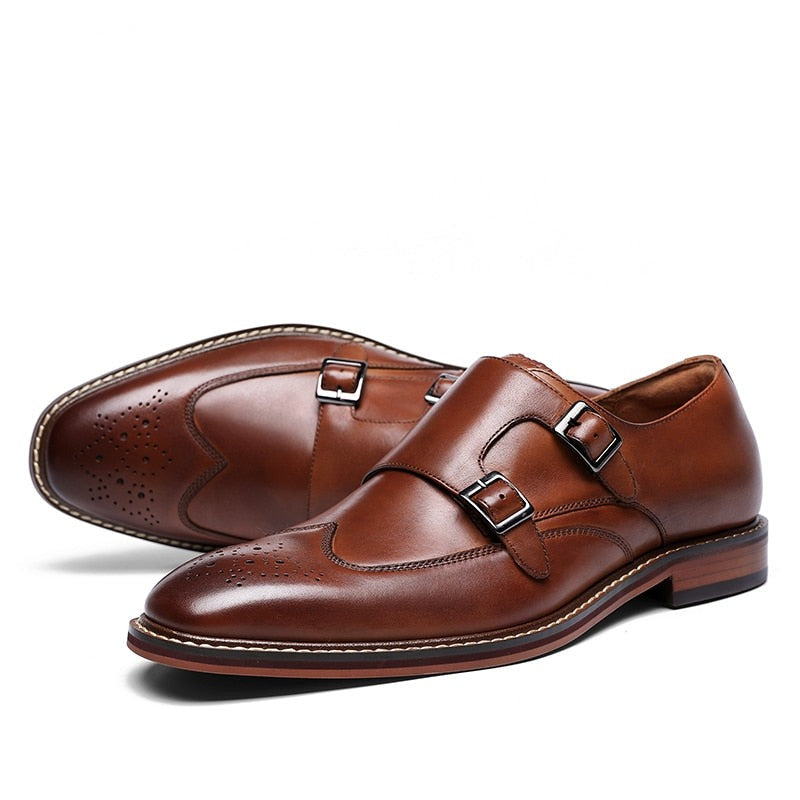 ParGrace Monk Strap Slip on Genuine Leather  Brogue Shoes  with Buckle