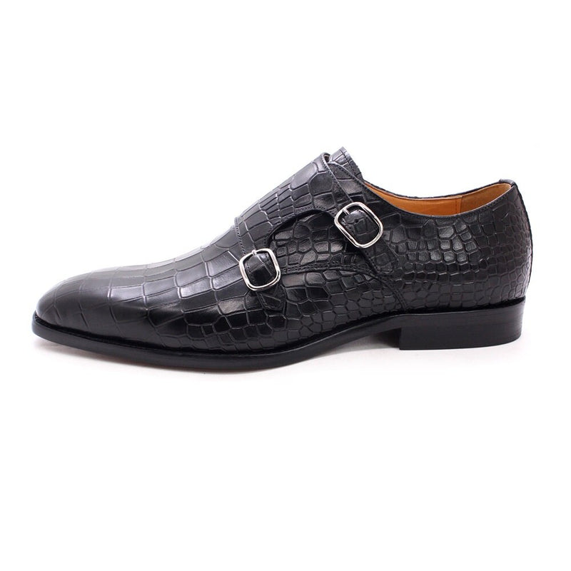Real Leather Pointed Toe Double Buckles Alligator Parrint  Formal Business