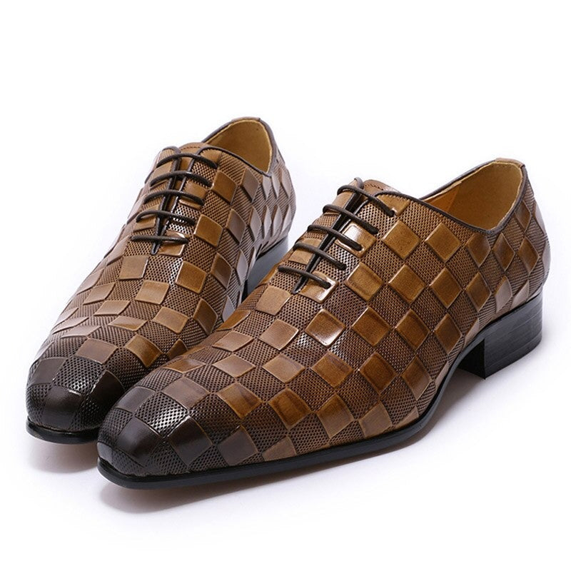ParGrace Italian Leather  Fashion Plaid Print Lace-Up Oxford Shoes
