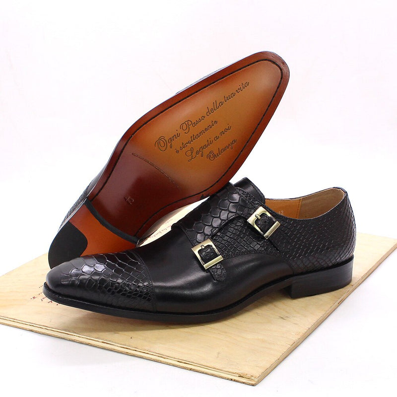 ParGrace Genuine Leather Double Buckle Monk Strap Snake Print Cap Toe