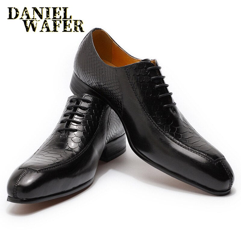 Luxury Man Genuine Leather Shoes Snake Skin Prints Formal Black Blue Lace Up