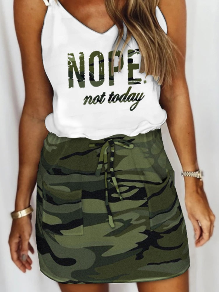 ParGrace V Neck Camo Letter Print Drawstring Sleeveless