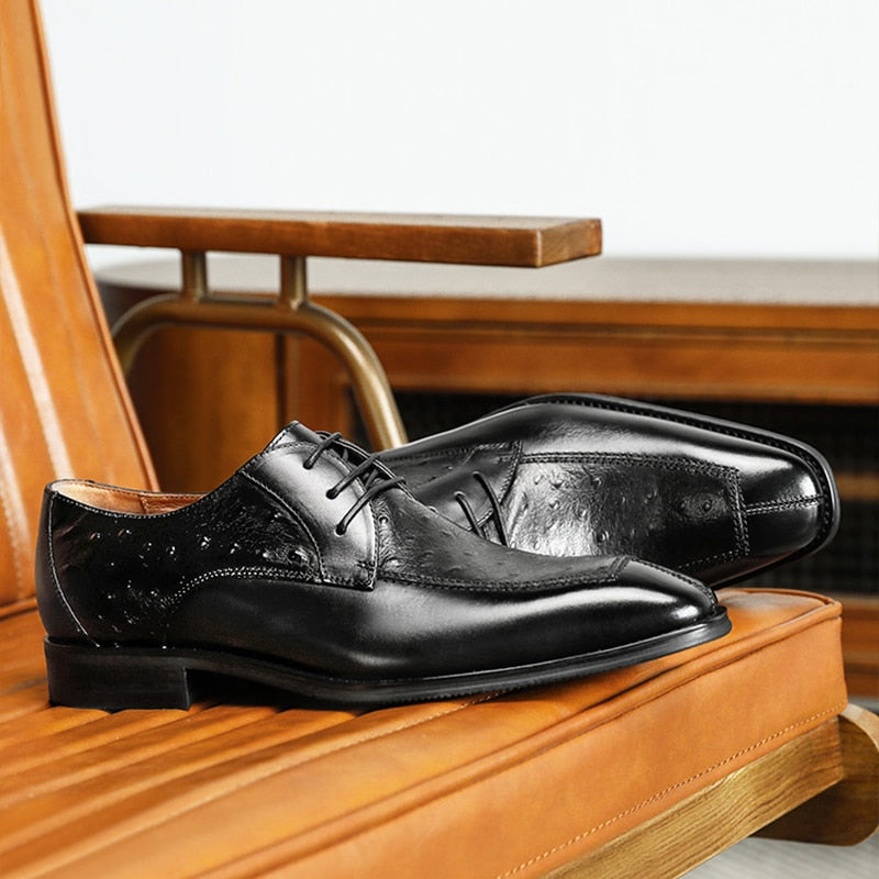 ParGrace Genuine Leather Derby Men Shoes Ostrich Pattern  Classic Design