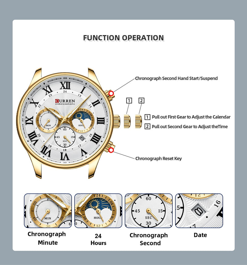 CURREN  Sports Chronograph Wrist watches  Stainless Steel Strap with Auto Date