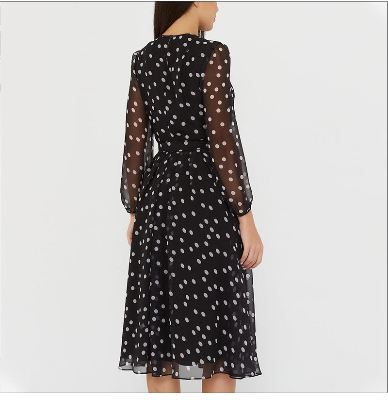 ParGrace  Long Sleeve Polka Dress O Neck Chiffon A Line