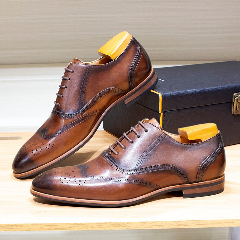 ParGrace Wingtip Oxford Genuine Leather Dress Shoes Handmade Lace Up