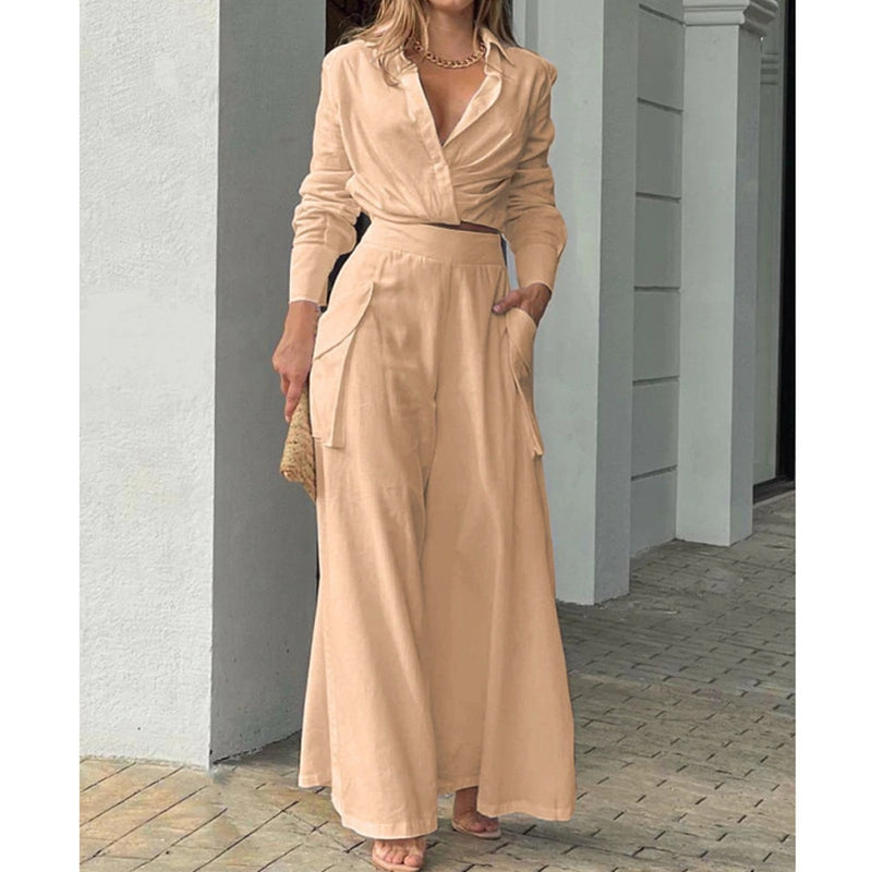 Elegant 2 Piece set Suits Long Sleeve Shirt And Wide Leg Straight Pants Streetwear