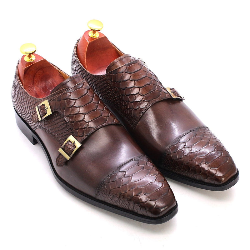 ParGrace Genuine Leather Double Buckle Monk Strap Snake Print Cap Toe