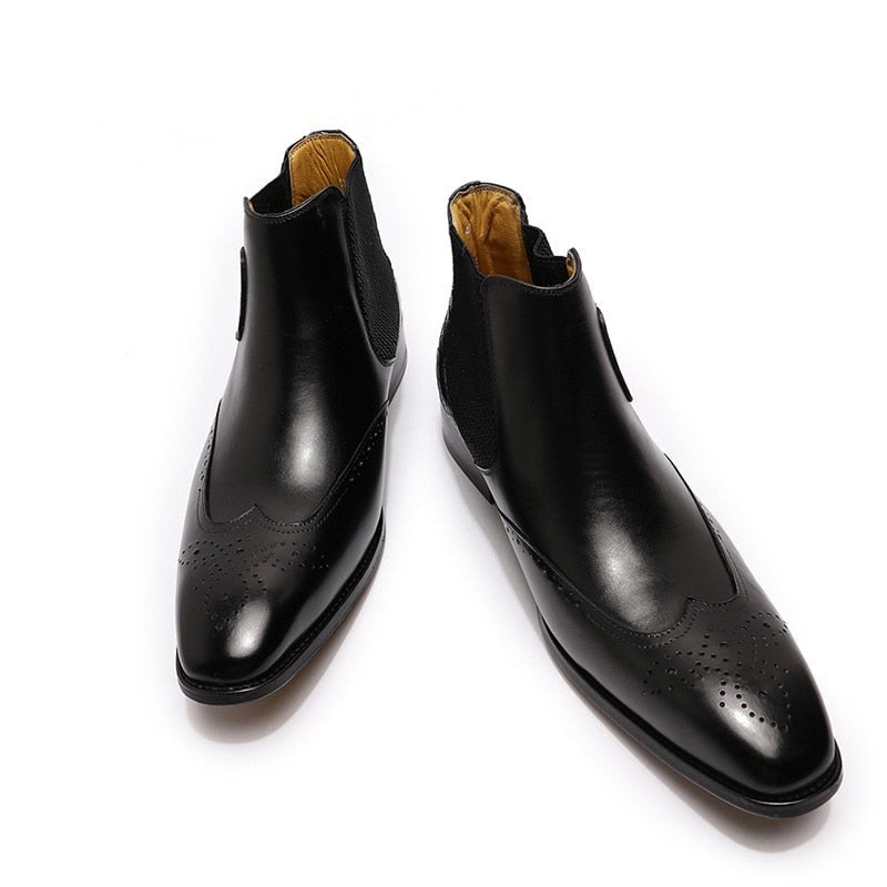 ParGrace Luxury Chelsea Boots Genuine Leather On Buckle Strap Wingtip