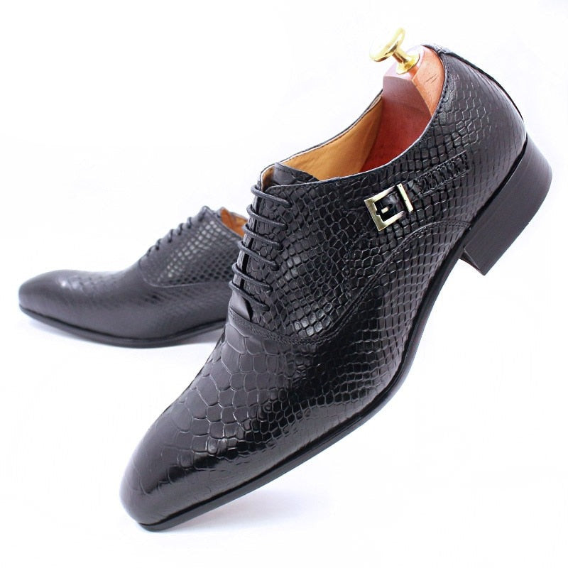 ParGrace Luxury Men Leather Shoes Snake Skin Print Pointed Toe Lace Up Oxford