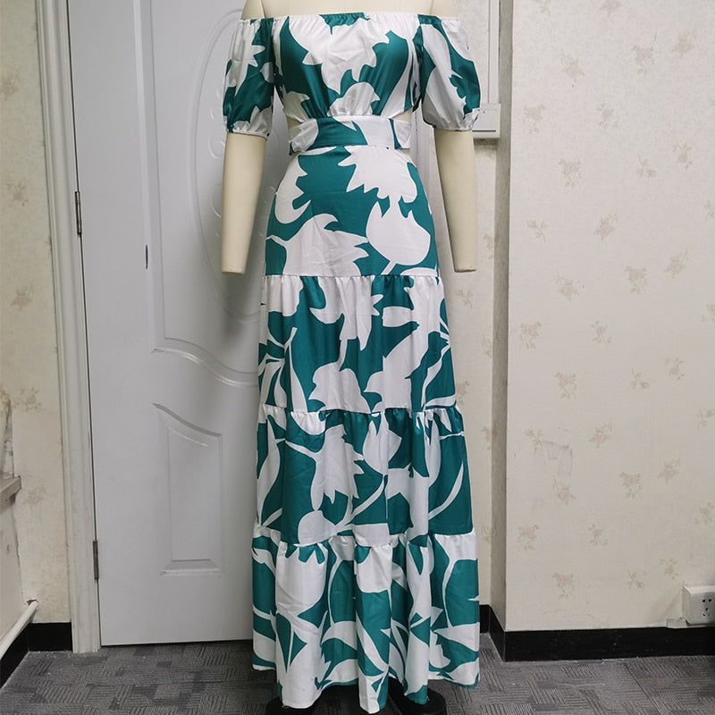 ParGrace Off-Shoulder Printed Cutout Lace-Up Dresses