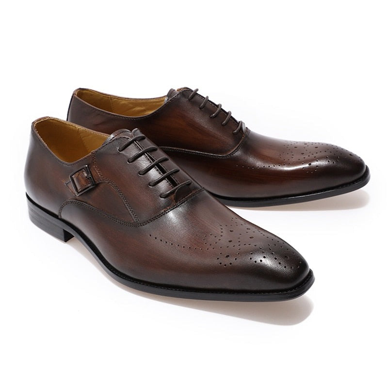 ParGrace Genuine Leather Oxford Shoes Buckle Lace-Up