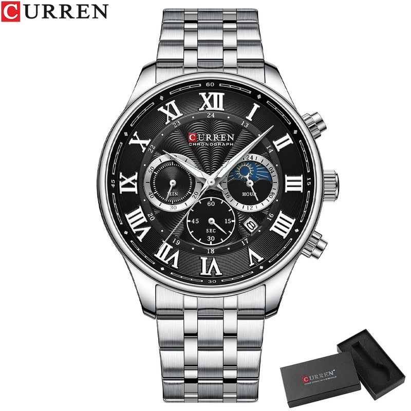 CURREN  Sports Chronograph Wrist watches  Stainless Steel Strap with Auto Date