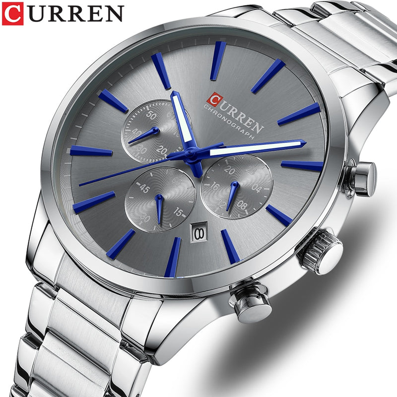 CURREN Quartz Watches  New  Stainless Steel Strap with Luminous Hands Chronograph