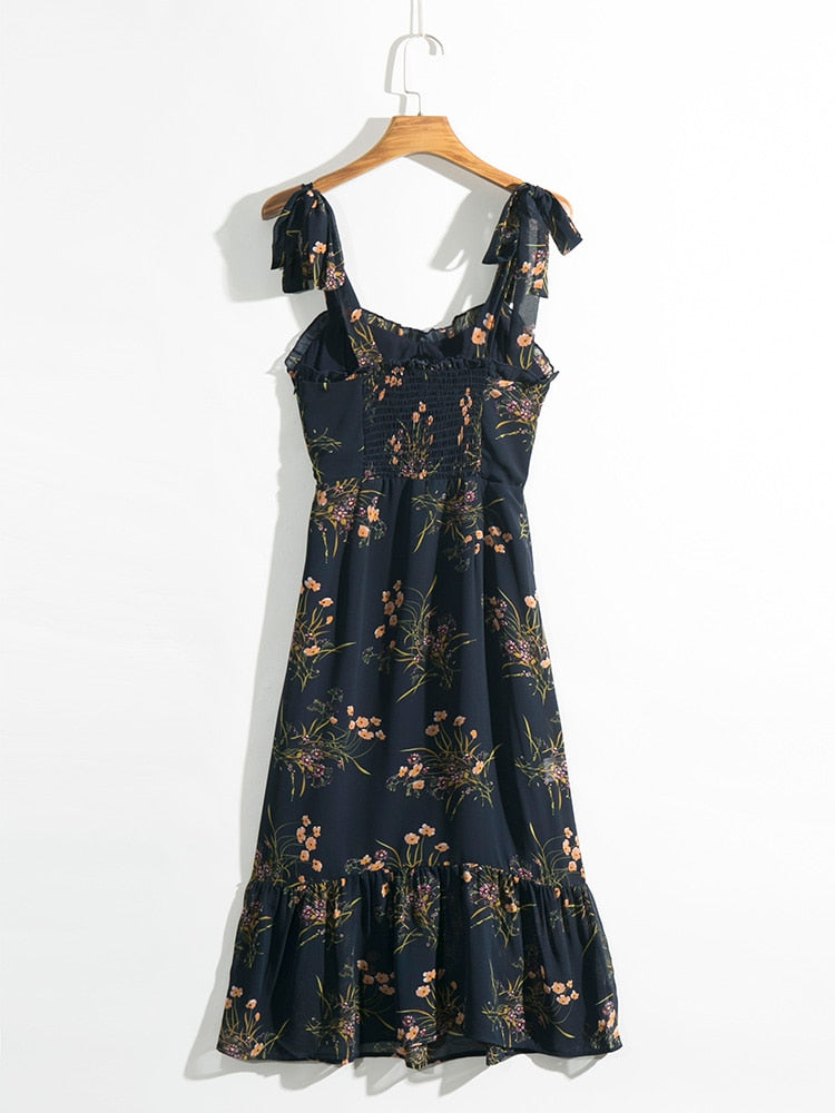 ParGrace Elegant Vintage Floral Dress Frill Sweetheart Neck Sleeveless