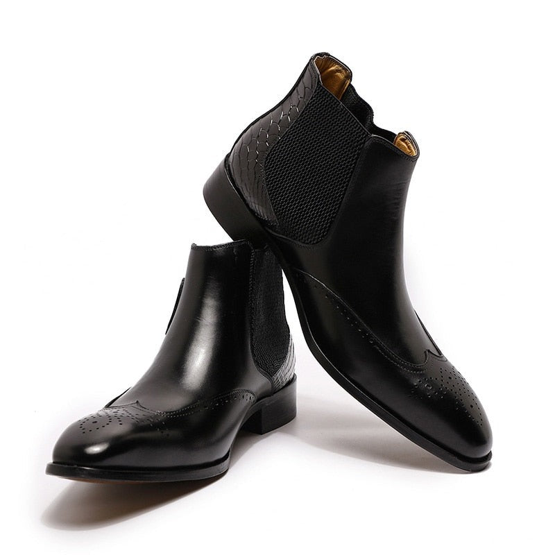 ParGrace Luxury Chelsea Boots Genuine Leather On Buckle Strap Wingtip