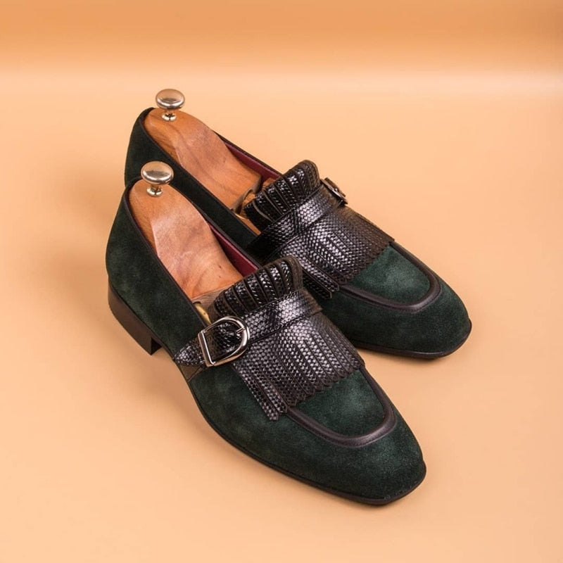 ParGrace  Loafers Flock Tassels Green Slip-On Round Toe Party Wedding Shoes