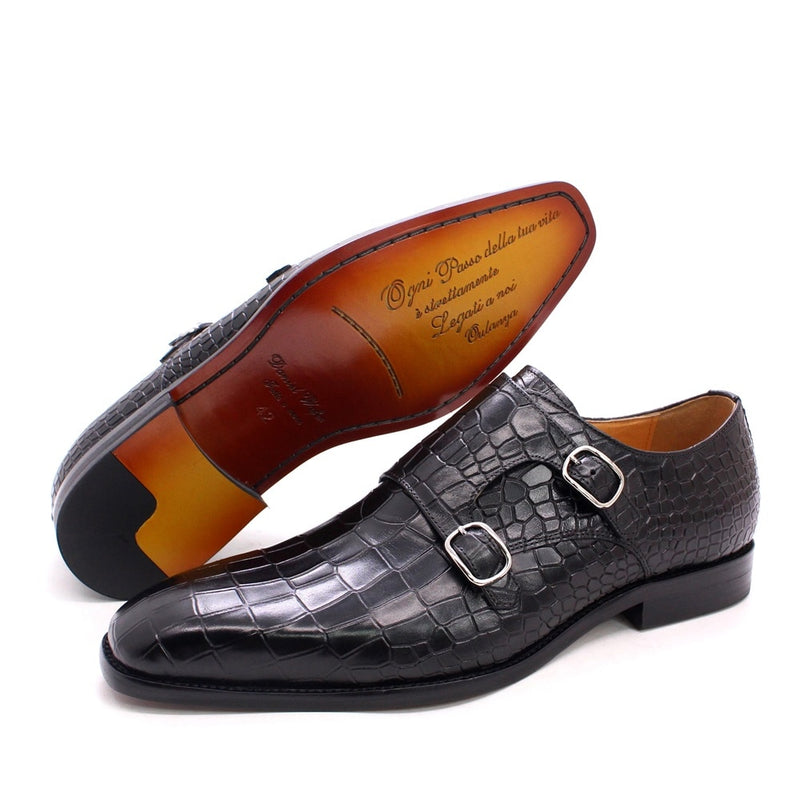 Real Leather Pointed Toe Double Buckles Alligator Parrint  Formal Business
