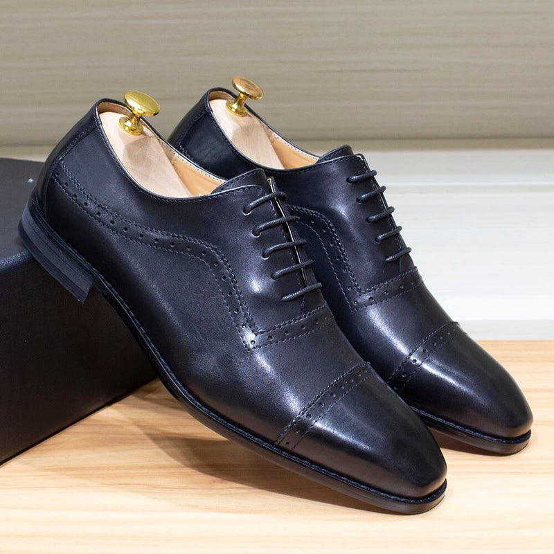 Elegant Men Oxford Shoes Brogue Genuine Leather Black Brown Classic Cap Toe