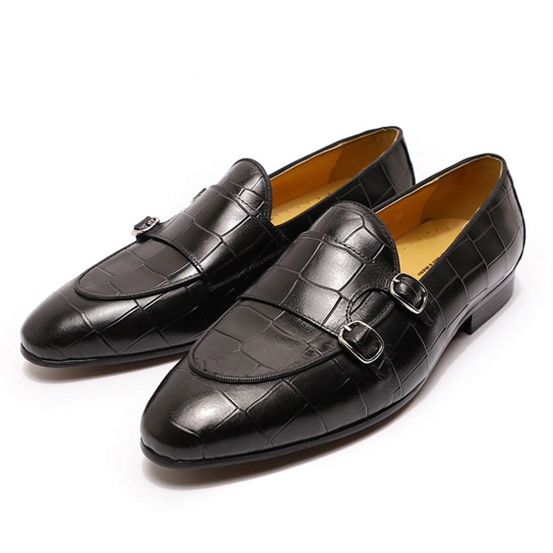 ParGrace Luxury Loafers Genuine Leather Double Monk Strap Slip on Pointed Toe