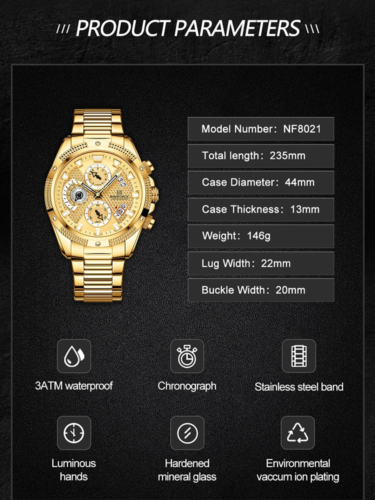 NAVIFORCE  Gold Fashion Quartz Clock Analog Chronograph Waterproof