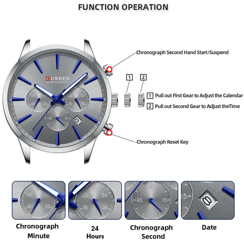 CURREN Quartz Watches  New  Stainless Steel Strap with Luminous Hands Chronograph