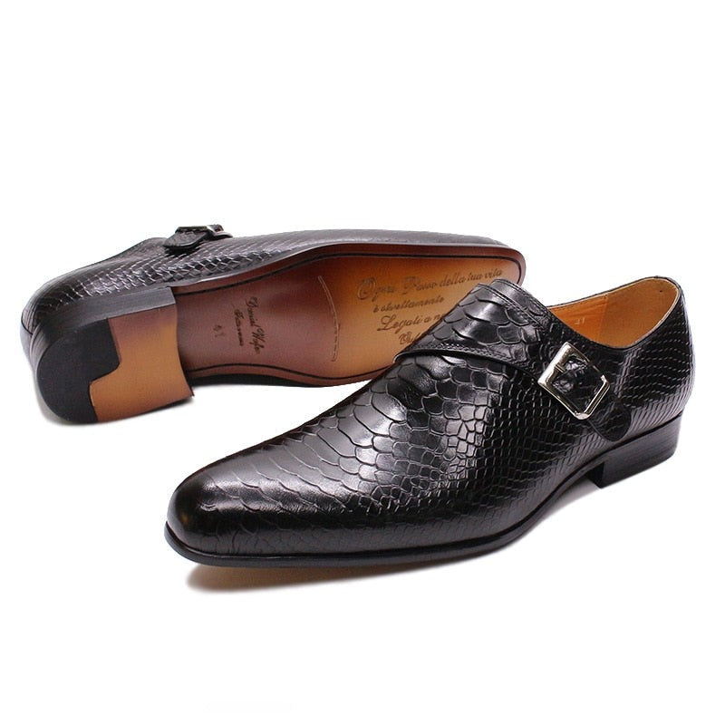 ParGrace  Loafers Genuine Leather Snake Skin Prints Monk Strap Slip on