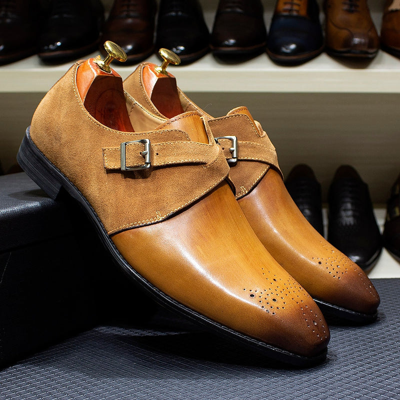 ParGrace Design Mens Monk Strap Formal Shoes Buckle Oxford Genuine Leather Suede Wedding