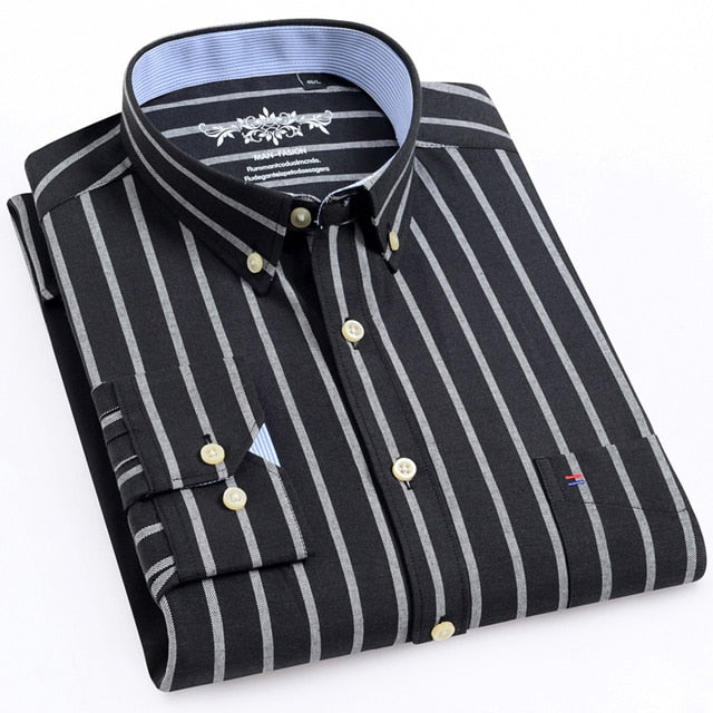 Regular-Fit Long-Sleeve Sturdy Knit Oxford Tops Shirt Plaid Striped Embroidered Pocket