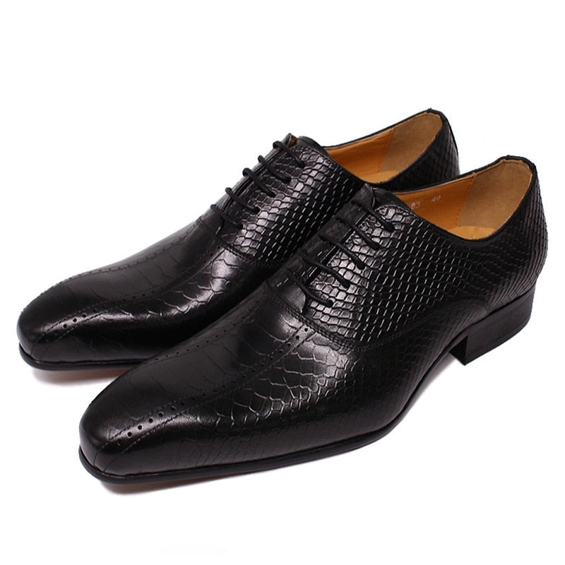 ParGrace Handmade  Genuine Leather Shoes  Black Red Lace Up Pointed Toe Snake Prints