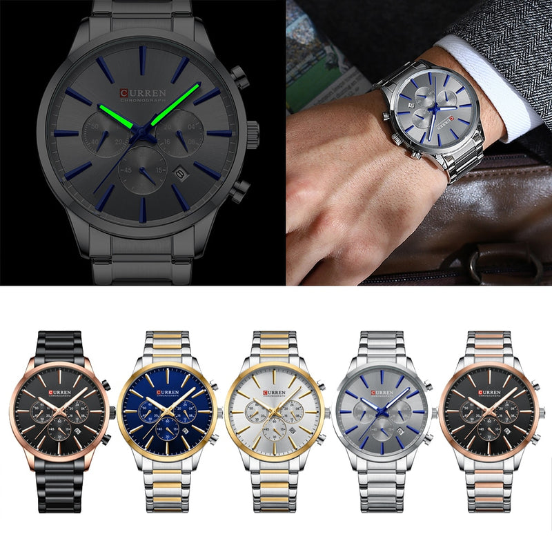 CURREN Quartz Watches  New  Stainless Steel Strap with Luminous Hands Chronograph