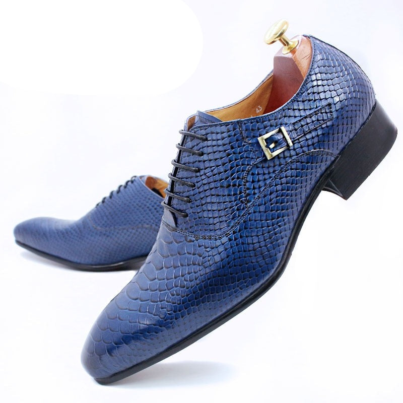ParGrace Luxury Men Leather Shoes Snake Skin Print Pointed Toe Lace Up Oxford