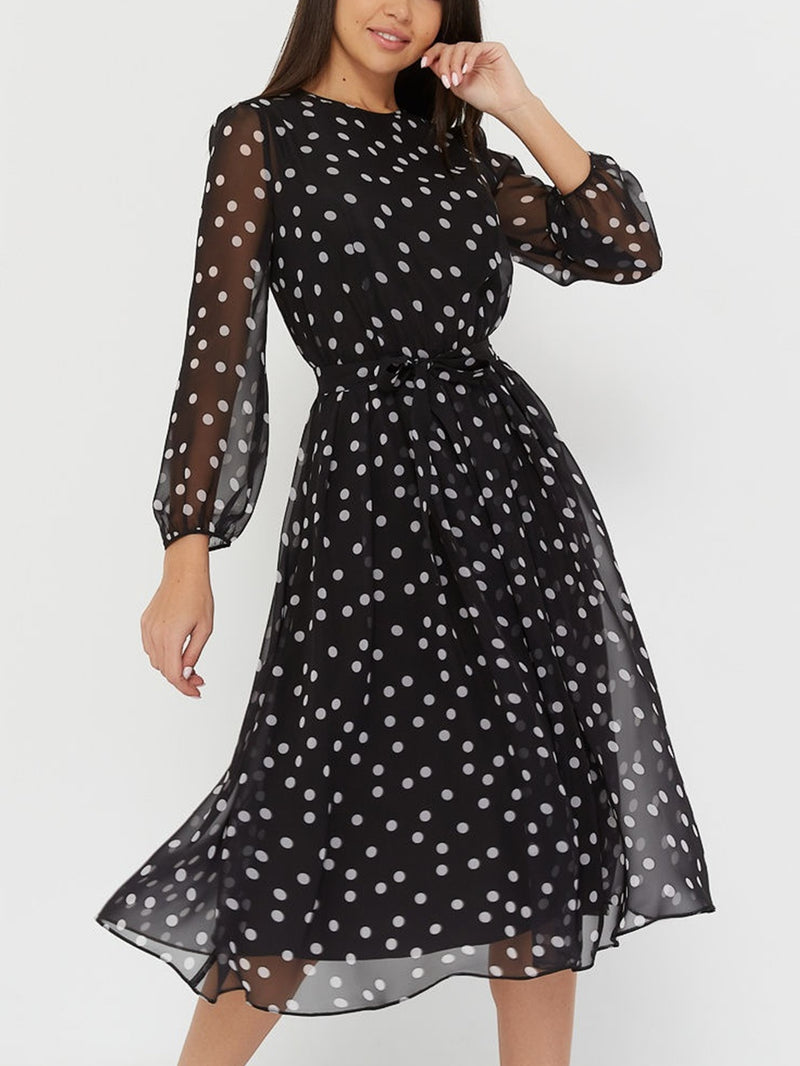 ParGrace  Long Sleeve Polka Dress O Neck Chiffon A Line