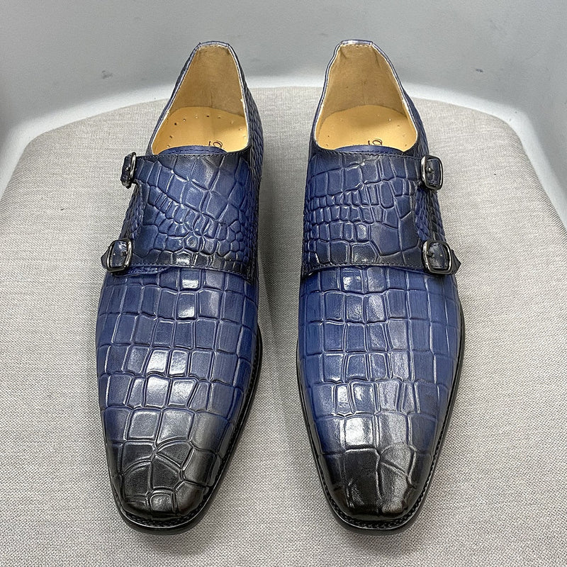 Real Leather Pointed Toe Double Buckles Alligator Parrint  Formal Business