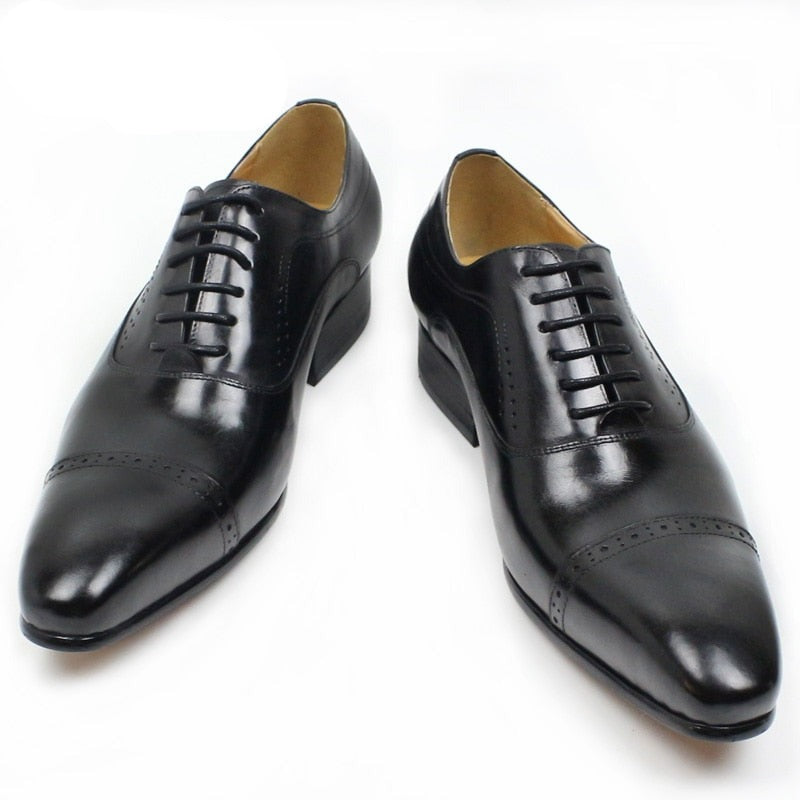 Oxford Shoes Lace Up Pointed Cap in genuine Leather