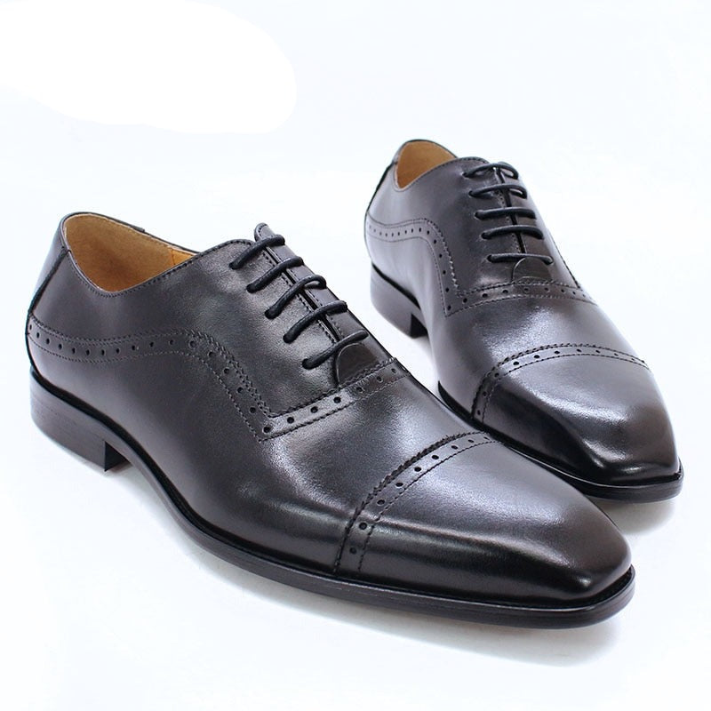 Elegant Men Oxford Shoes Brogue Genuine Leather Black Brown Classic Cap Toe