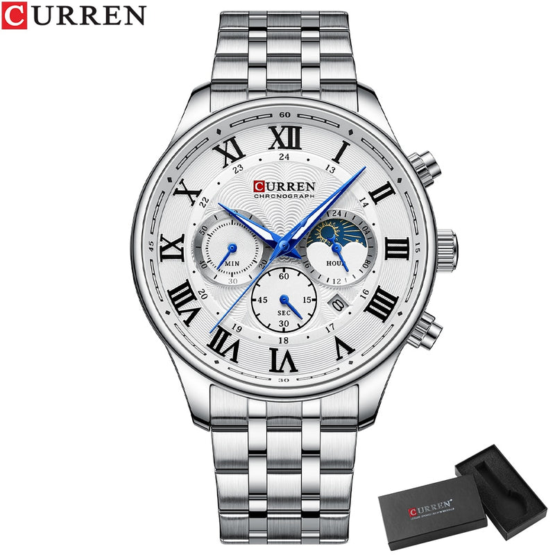 CURREN  Sports Chronograph Wrist watches  Stainless Steel Strap with Auto Date