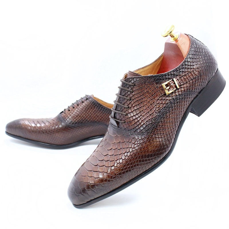 ParGrace Luxury Men Leather Shoes Snake Skin Print Pointed Toe Lace Up Oxford