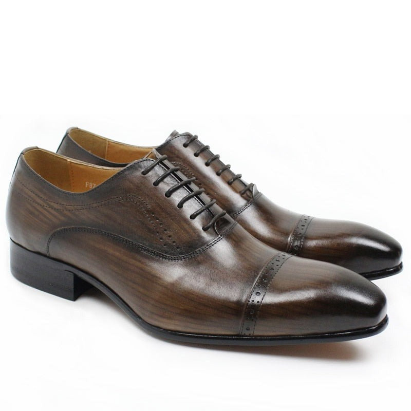 Oxford Shoes Lace Up Pointed Cap in genuine Leather