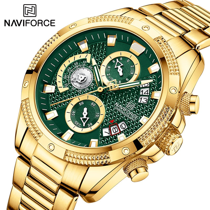 NAVIFORCE  Gold Fashion Quartz Clock Analog Chronograph Waterproof