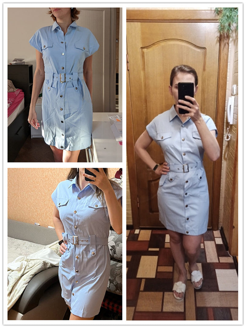 ParGrace shirt dress short sleeve office dress women Single breasted belt