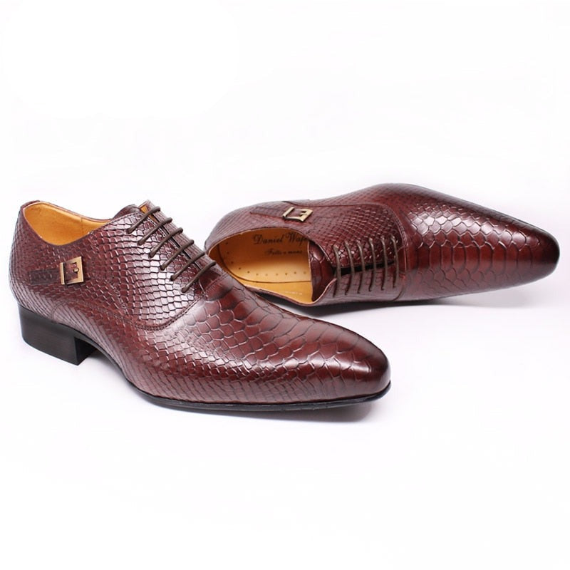ParGrace Luxury Men Leather Shoes Snake Skin Print Pointed Toe Lace Up Oxford