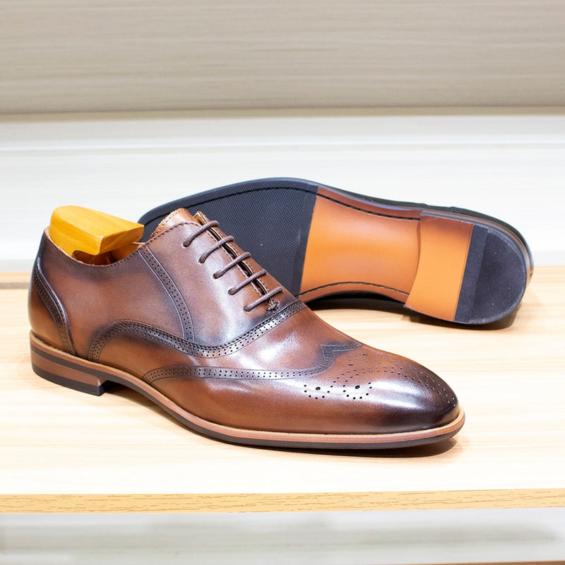 ParGrace Wingtip Oxford Genuine Leather Dress Shoes Handmade Lace Up