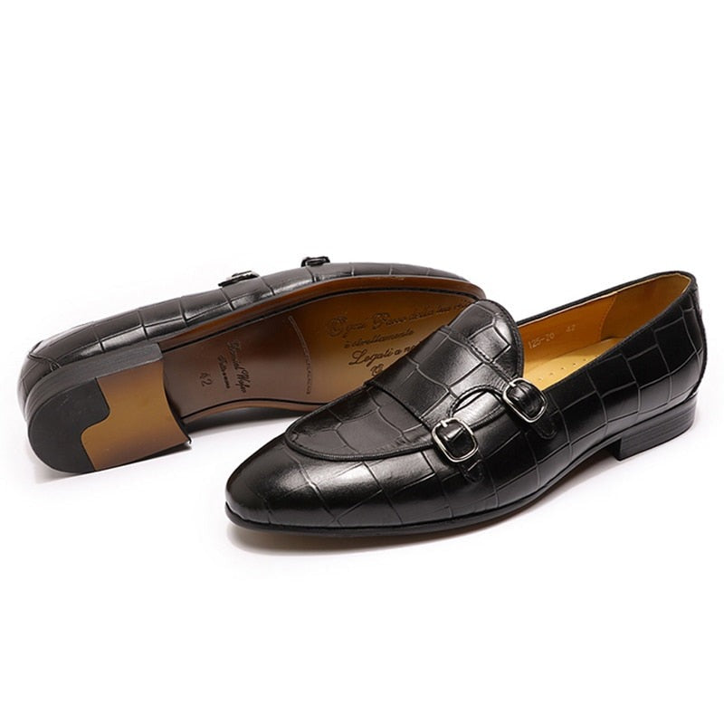 ParGrace Luxury Loafers Genuine Leather Double Monk Strap Slip on Pointed Toe