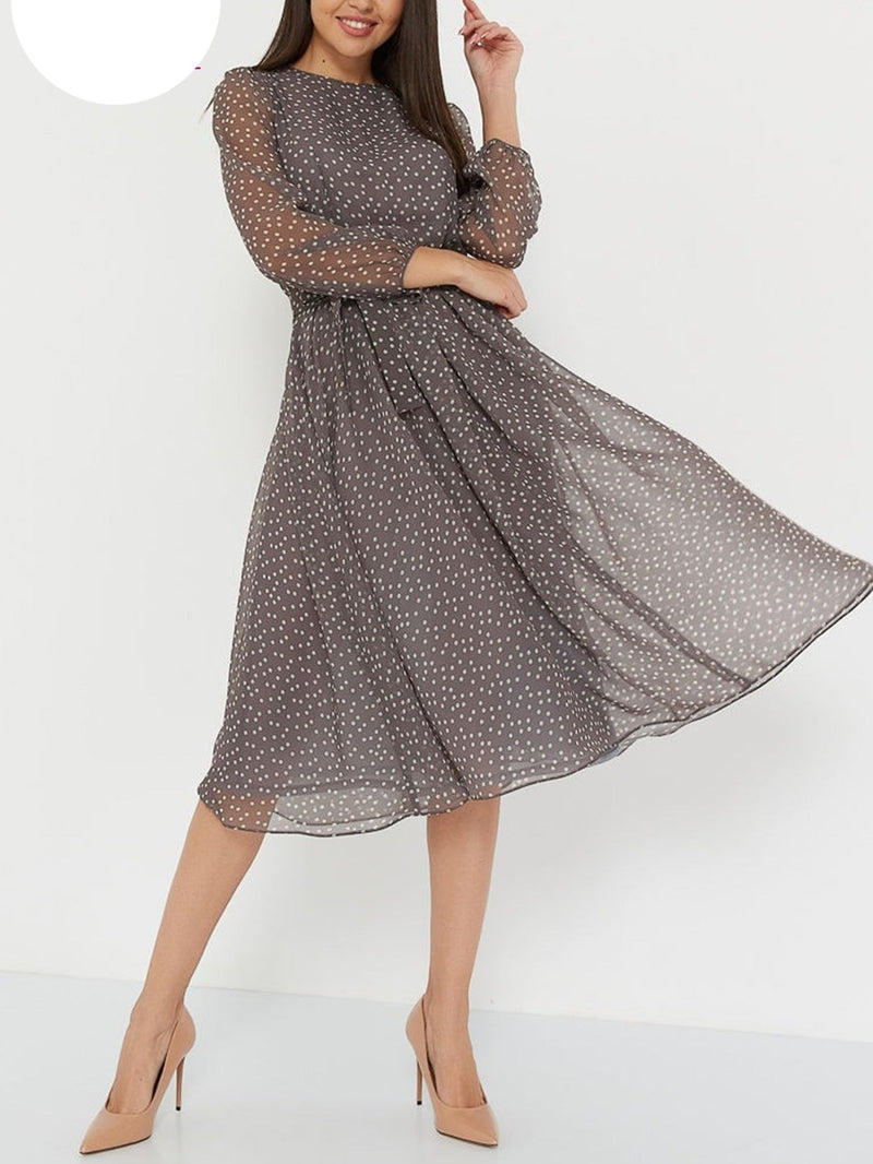 ParGrace  Long Sleeve Polka Dress O Neck Chiffon A Line