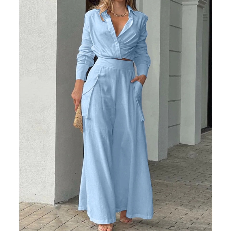 Elegant 2 Piece set Suits Long Sleeve Shirt And Wide Leg Straight Pants Streetwear